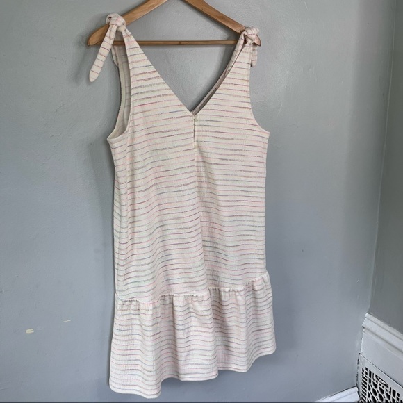 LOFT Bow Strap Button Front Linen Stripes Flounce Dress Ivory Multi-Color Medium - Picture 4 of 14